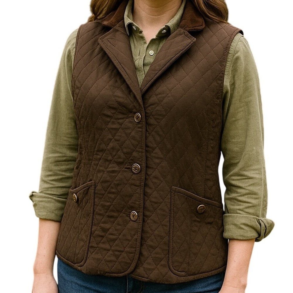 Talbots Women's Brown Quilted Vest Corduroy Collar Sleeveless Button Size Small